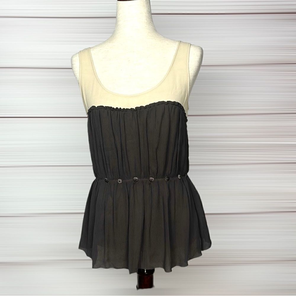 SABA Silk Sleeveless Cream / Chocolate Brown Top Blouse S